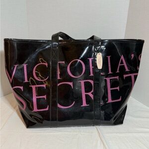 Victoria's Secret Glossy Black Tote with Pink Lettering